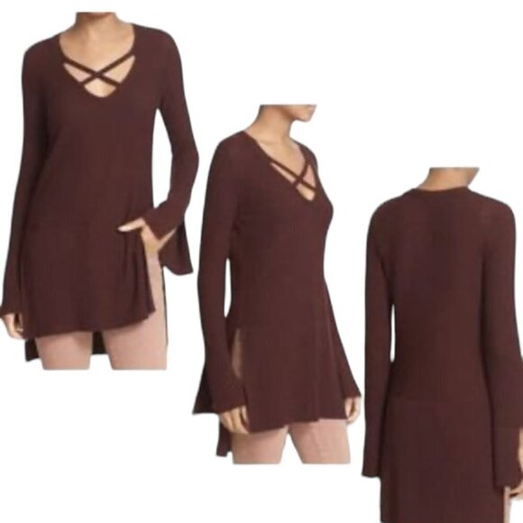 Free People Criss-Cross Tunic Sweater in Brown Wine Size Small - Picture 3 of 13